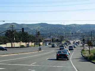 Turning almost due south, eastbound California 90 (Imperial Highway) approaches Esperanza Road east and Orangethorpe Avenue west. California 90 will proceed south across the Santa Ana River and then meet the California 91 freeway.