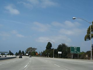 A California 90 (Marina Freeway) west sign is posted after the on-ramp from Interstate 405 and prior to the off-ramp to Centinela Avenue.