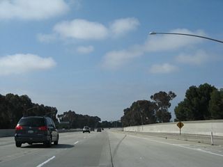 Traffic from Centinela Avenue merges onto California 90 west. Construction efforts in 2005 included new soundwalls and the upcoming Culver Boulevard interchange.
