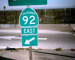 This freeway entrance shield assembly for California 92 east is located in Hayward.