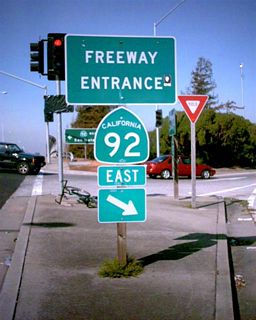 This freeway entrance shield assembly for California 92 east is located in Hayward. Photos taken by Trevor Carrier (Summer 2002).