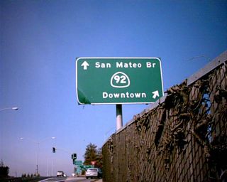 This guide sign for eastbound/westbound California 92 (J. Arthur Younger Freeway) is located in western Hayward.