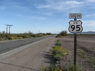 U.S. 95 continues south across Vidal Valley toward the Riverside Mountains and Riverside County line.