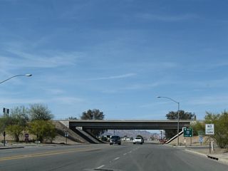 Intake Boulevard north enters the diamond interchange where U.S. 95 north splits with Interstate 10 west in Blythe.