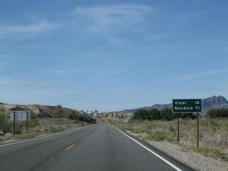 This mileage sign provides the distance to Vidal (16 miles) and Needles (71 miles) along northbound U.S. 95.