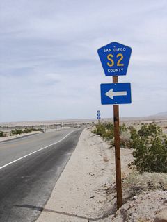 The first intersection along eastbound California 98 is the junction with Imperial County Route S-2 (Imperial Highway). Note that the sign incorrectly calls this "San Diego County S-2."