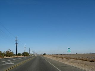 This California 98 east reassurance shield is posted after the California 7 intersection east of Calexico. There are no services on California 98 east of California 7.
