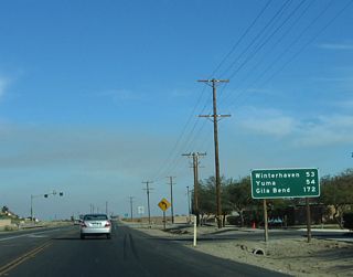 The mileage sign provides the distance to Winterhaven, Yuma, and Gila Bend (the latter two locations are within Arizona).