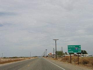 This mileage sign provides the distance to Calexico (8 miles), Interstate 8 (33 miles) and Yuma, Arizona (63 miles).