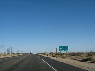 This mileage sign provides the distance to the junction with Interstate 8 (eight miles at Exit 134) and Yuma, Arizona (38 miles).