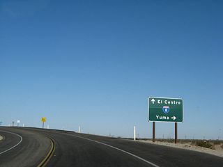 Unlike the west end of California 98, which features a directional interchange with no access to eastbound Interstate 8, the eastern terminus is a full diamond interchange. Use Interstate 8 east to El Centro and San Diego; use Interstate 8 west to Winterhaven, Yuma, and Tucson.