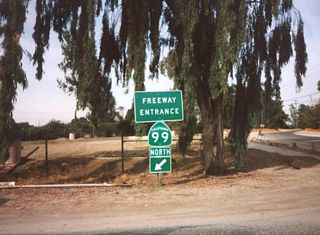 This California 99 freeway entrance shield assembly is posted in Atwater.