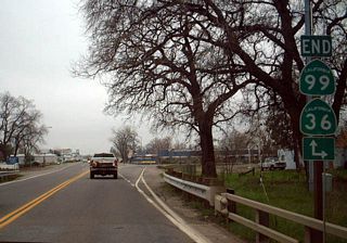 California 99 used to merge onto California 36 west for the final distance into Red Bluff, but the route was retracted to this point in order to avoid route duplication. If California 99 was ever expanded to freeway standards, the proposed route would meet Interstate 5 just south of the city of Red Bluff.