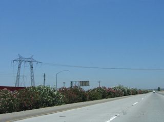 Part of Path 26, this 500kV Pacific Gas and Electric power line passes over California 99 shortly after the Sandrini Road interchange. The line travels northwest to the massive Midway substation near Buttonwillow and southeast to the Vincent substation near the interchange of California 14 and Angeles Forest Highway (N-3).