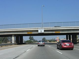 Passing under Panama Lane, trucks north through Bakersfield are advised to use the middle lane to avoid conflicts with entering and exiting traffic.