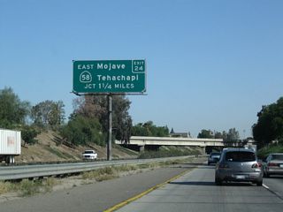The second exit (after Ming Avenue) from California 99 (Golden State Highway) north will be Exit 24, which serves as the junction with the California 58 freeway. This major state highway travels east to Tehachapi, Mojave, and Barstow, with connections from there to Las Vegas via Interstate 15 and Flagstaff, Arizona, via Interstate 40.
