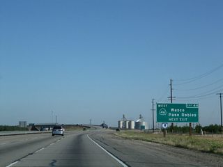 The next exit along California 99 (Golden State Highway) north is Exit 44, California 46 (Famoso Highway). California 46 leads west to the city of Wasco. Unlike most other Central Valley State Routes, California 46 extends all the way to the coast, arriving at California 1 just south of the Hearst Castle near Cambria. Some have considered California 46 as a possible expressway or freeway due to safety concerns along the mostly two-lane passing through the Coast Range between Interstate 5 and U.S. 101, and modest improvements have been enacted around the intersections between California 41 and California 46 (an area that is best known as the area where actor James Dean died in a car accident).
