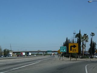 The off-ramp to Exit 44 is a sharp turn onto California 46 (Historic U.S. 466), with motorist services (gas and lodging) at the end of the off-ramp in Famoso.
