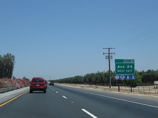 Avenue 24 travels west to California 43 (Central Valley Highway) and east to Tulare County J-35 (Richgrove Drive). This road provides local farm and ranch access.