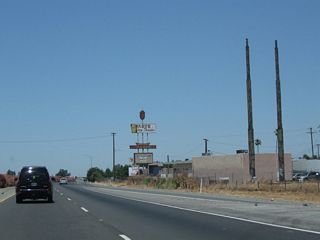 The remains of roadside business in Tagus are apparent from the northbound lanes.