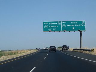 Northbound California 99 (Golden State Highway) meets Exit 96, California 198 east to Visalia and Exeter. Stay in the right lane for the connection to Exit 97, California 198 west to Hanford and Lemoore.