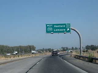 Immediately thereafter, northbound California 99 (Golden State Highway) meets Exit 97, California 198 west to Hanford, Lemoore, and Coalinga. Between Hanford and Lemoore, California 198 is at freeway standards. However, the sections of California 198 that connect to California 99 in the east and Interstate 5 in the west are not freeway standard. It will be interesting to see if the Hanford-Lemoore freeway would be connected the Visalia freeway in the future. California 198 is a fairly long trans-valley route, extending west all the way to U.S. 101 at San Lucas.