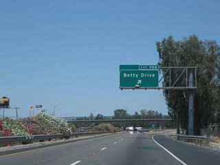 Northbound California 99 (Golden State Highway) reaches Exit 98B, Betty Drive and Elder Street in Goshen.