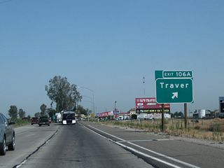 Northbound California 99 meets Exit 106A, Sixth Street (Old U.S. Highway 99) north to Traver. The unincorporated community of Traver is located on the east side of freeway adjacent to the railroad.