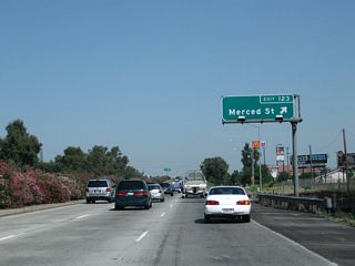 Northbound California 99 meets Exit 123, Merced Street in Fowler.