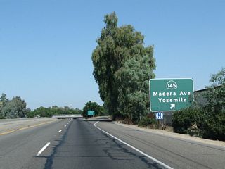 Northbound California 99 meets Exit 153, California 145 (Madera Avenue) north to downtown Madera and south to Ripperdan and Kerman. California 145 travels southwest from Madera to connect to California 33 and Interstate 5 near Coalinga.