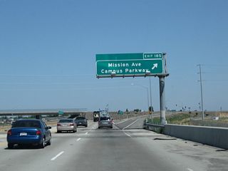 Northbound California 99 reaches Exit 185, Mission Avenue and Campus Parkway.
