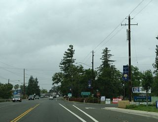 Northbound California 99 approaches Ash Street, followed by Birch Street and a connector road that links California 99 to southbound Larkin Road in Live Oak. This connector road merely carries traffic across the railroad tracks that parallel California 99 just west of here.
