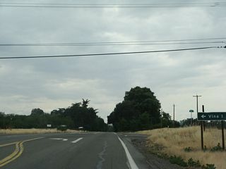 Northbound California 99 approaches the turnoff to Vina Road west to the unincorporated community of Vina.
