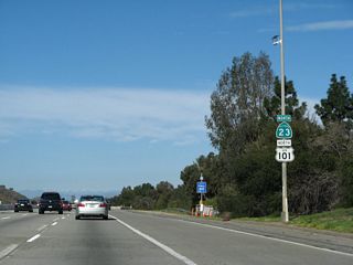 California 23 takes precedence over U.S. 101 in this reassurance shield assembly along northbound U.S. 101 (Ventura Freeway) and California 23 prior to Exit 43A, California 23 freeway north.