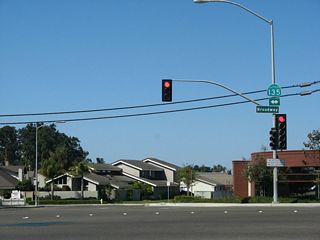 South from Santa Maria Way (U.S. 101 Business), SR 135 follows Orcult Expressway to Orcutt. The SR 135 shield assembly on the signal mast arm was replaced by 2025 with a street sign including the state route marker.