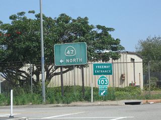 Replaced by 2012 to display SR 103 instead of SR 47, this freeway entrance sign array was posted at W 20th Street northbound entrance ramp for the Terminal Island Freeway.