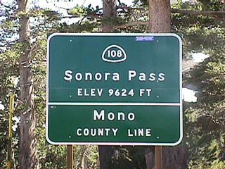 Eastbound California 108 ascends to Sonora Pass (9,624 feet), where it leaves Tuolumne County and enters Mono County.
