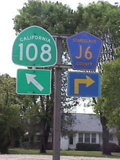 Westbound California 108 meets Stanislaus County Route J-6 at this intersection. California 108 then turns left (south) from Patterson Road onto McHenry Avenue, while County Route J-6 leads north along McHenry Avenue to Escalon (it changes to San Joaquin County J-6 upon crossing the Stanislaus River), where it meets San Joaquin County Route J-14.