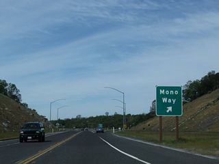 Westbound California 108 (Sonora Bypass) meets California 108 Business (Mono Way) at this interchange. The Super Two freeway  will downgrade to a two-lane expressway after this interchange (at least temporarily, until the ultimate four-lane freeway facility can be built). Ample right of way is available for the proposed expansion of the bypass to four lanes.