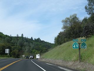 This reassurance shield assembly shows both California 108 west and California 49 south.