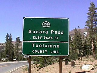 California 108 crosses the Sierra Nevada at Sonora Pass (9,624 feet), where the state route leaves Mono County and enters Tuolumne County.