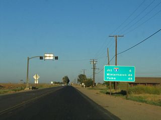 This mileage sign provides the distance to Interstate 8 (six miles), Winterhaven (46 miles), and Yuma (48 miles).