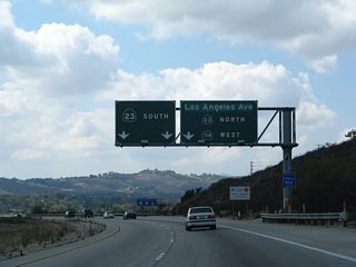 Stay left for Exit 18A, California 23 (Moorpark Freeway) or stay right to follow California 23 north and California 118 west along Los Angeles Avenue into downtown Moorpark.
