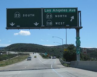 State Route 118 departs from the freeway at Exit 18 B for Los Angeles Avenue west to Ventura. SR 23/118 overlap briefly along Los Angeles Avenue until SR 23 turns north again via Moorpark Avenue toward Fillmore. Exit 18 A follows from the freeway for SR 23 south to U.S. 101 and Thousand Oaks.
