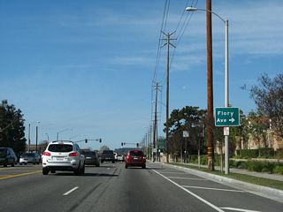 Northbound California 23 and westbound California 118 (Los Angeles Avenue) meet Flory Avenue.