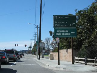 California 23 north and California 118 west will split at the next intersection. California 118 (Los Angeles Avenue) continues west toward Ventura, while California 23 (Moorpark Avenue) travels north toward Fillmore.