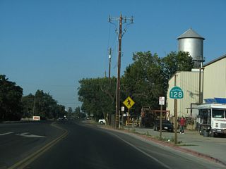 This reassurance shield for California 128 east is posted along Grant Avenue east of Railroad Avenue.