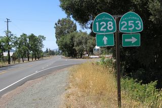 Soon thereafter, California 128 west meets California 253 east at this intersection. California 128 will continue northwest through the Anderson Valley.
