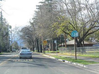 State Route 128 west along Grant Avenue in Winters, California