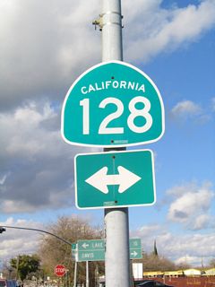 Railroad Avenue heads north from Downtown Winters to intersect State Route 128 along Grant Avenue. The stop sign was replaced with traffic lights by 2007.